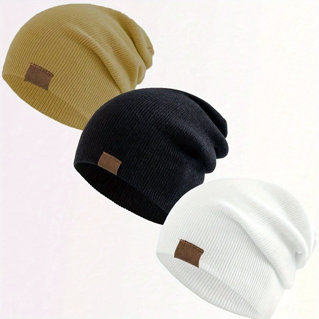3pcs Beanie Hats – Warm, Lightweight, Elastic Knit