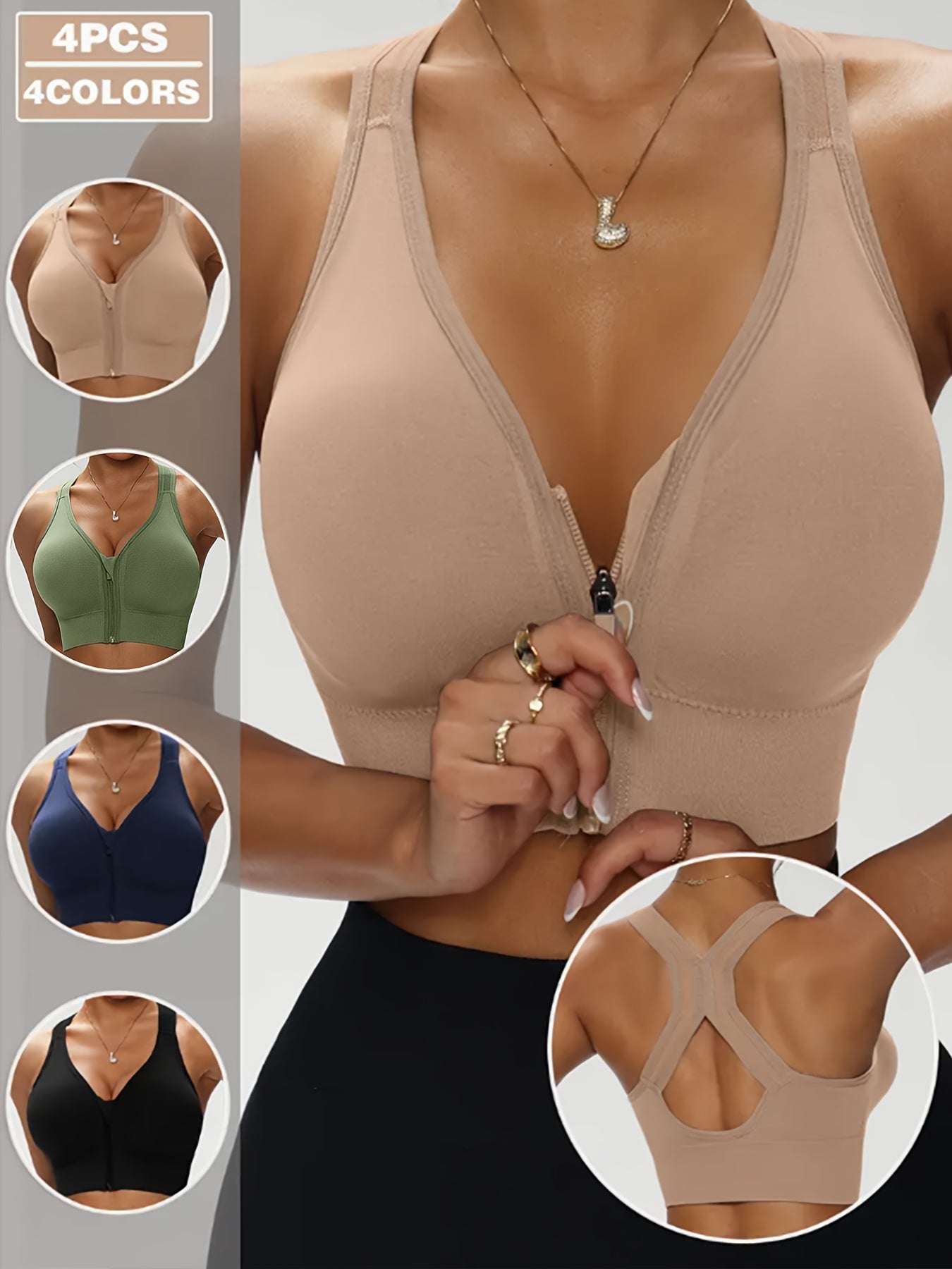 4pcs Women'S Front-Zip Wireless Bras with Removable Pads - No Underwire, X-Back Closure, Medium Support, Front Zipper Closure for Easy On/Off - Gym, Yoga, Everyday Bras - Durable Sports Bras for Women - Compatible with Workou