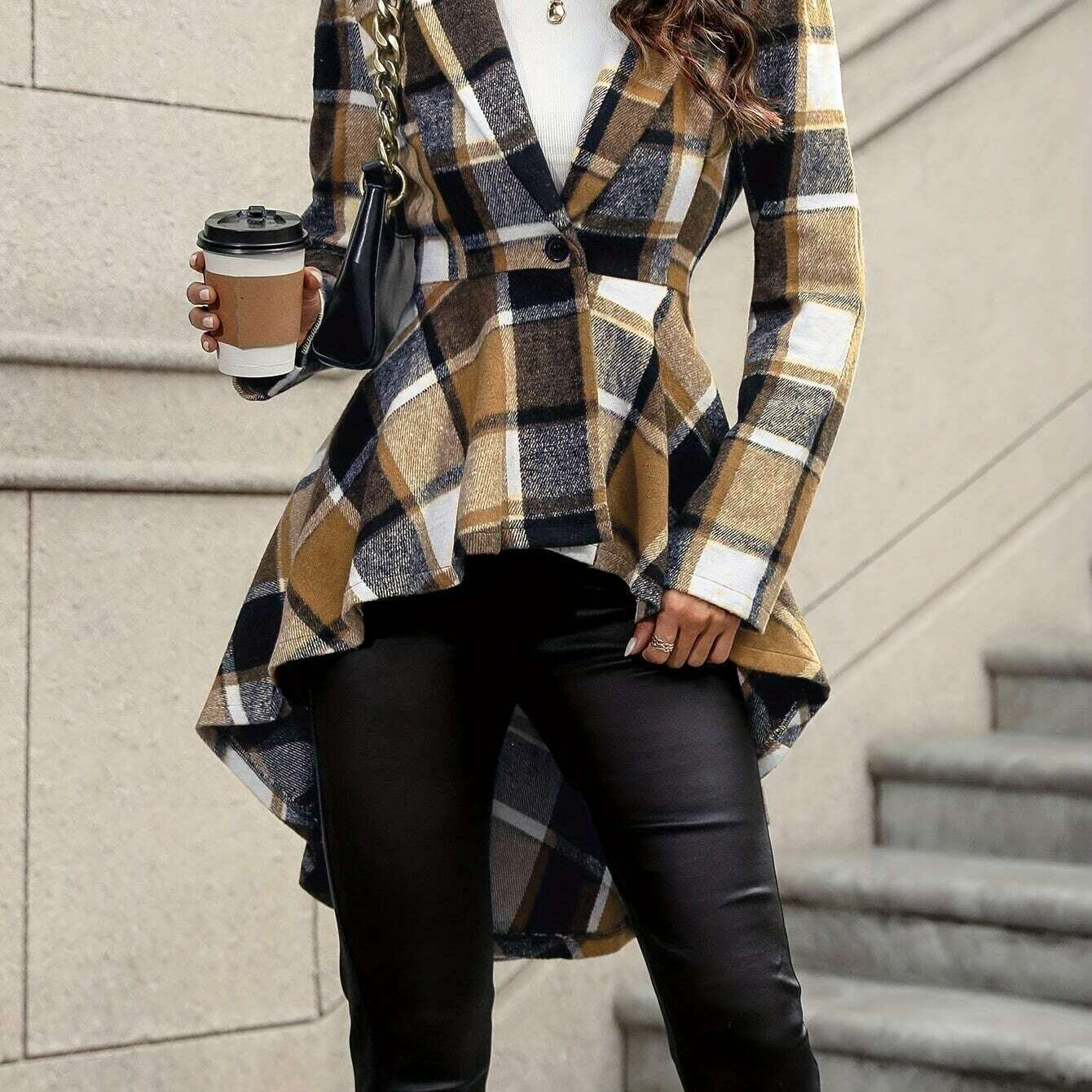 Stylish Plaid Flare Jacket with High-Low Hem for Women