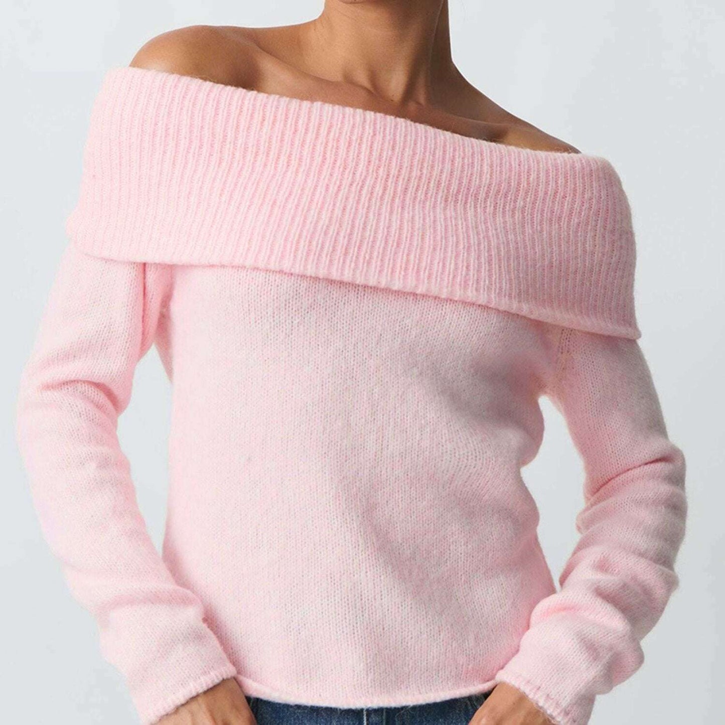 Women's Off-Shoulder Crop Sweater with Boat Neck Design - D&M Boutique