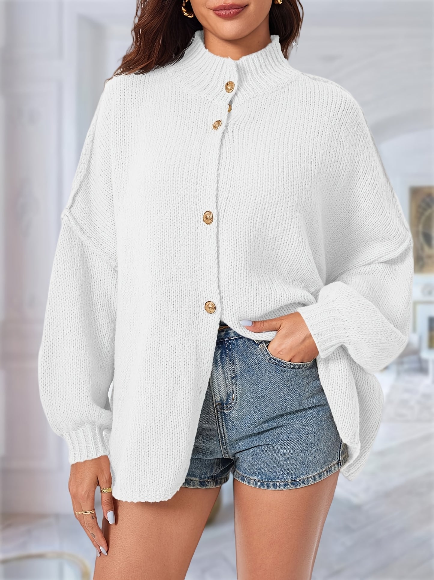 Women'S Fall Oversized Cardigan, Button Chunky Knit With Long Lantern Sleeves – Cozy Sweater Coat