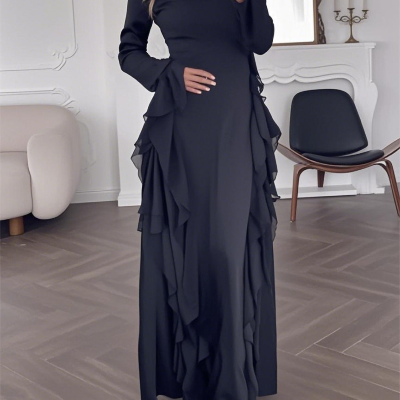Elegant White Mock Neck Maxi Dress with Bell Sleeves & Ruffle Hem - Fitted Top & Flowy Skirt, Machine Washable Polyester, Non-Stretch, Versatile for Fall Events & All-Season Wear, Formal Event Attire, Nonstretch Material