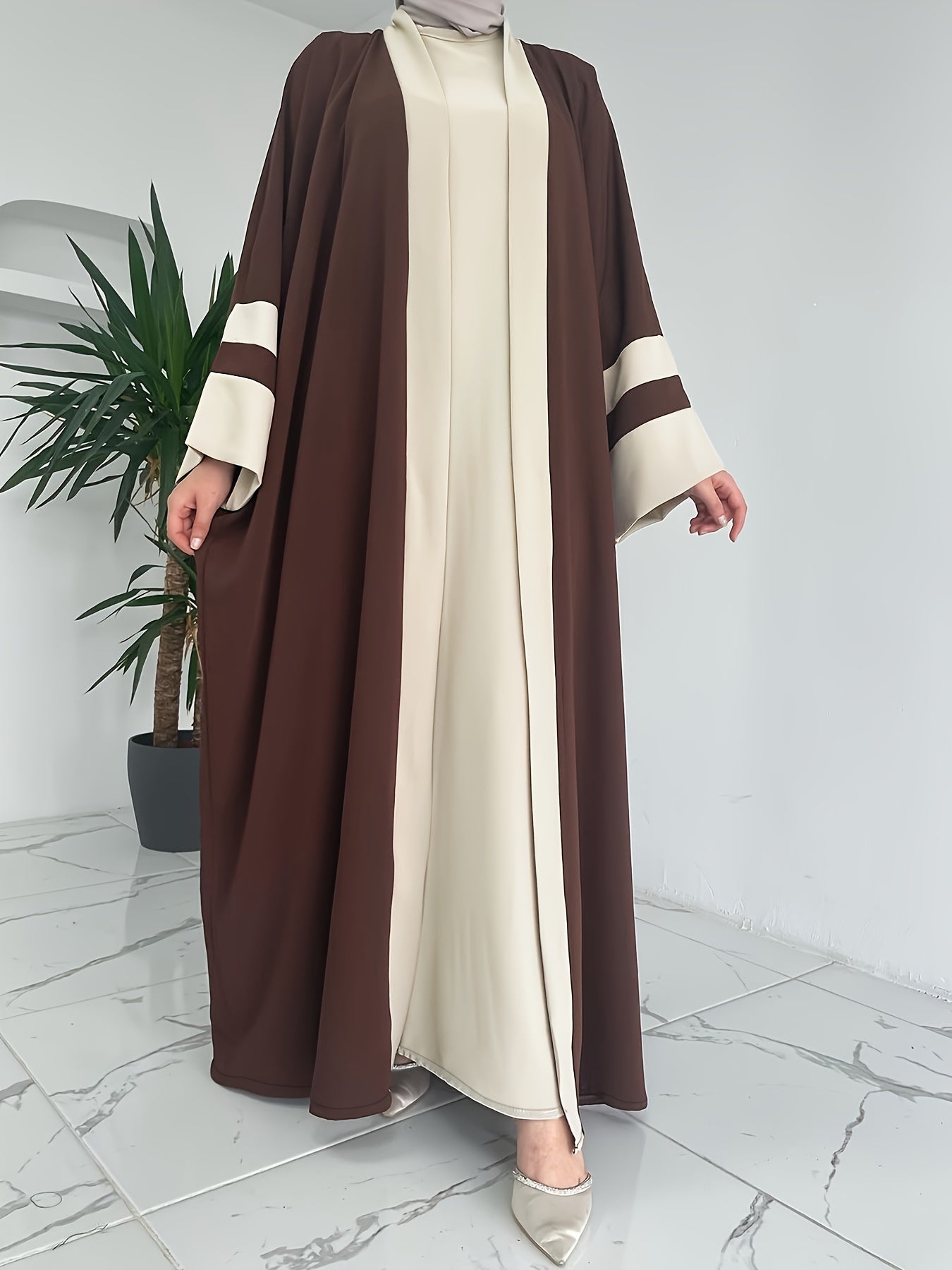 Women'S Middle Eastern Muslim Minimalist Solid Color Long Sleeveless Vest Dress + Contrast Color Long Cardigan Jacket Casual Fashion Party Vacation Versatile Two-Piece Set, Elegant Style, All-Season Wear, Modest Apparel, Eleg