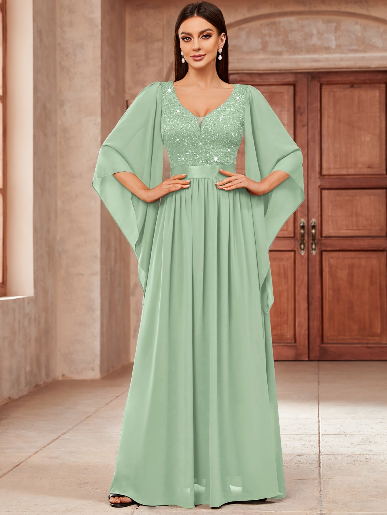 Deep V-Neck Lace Gown – Fit & Flare Sequin Dress