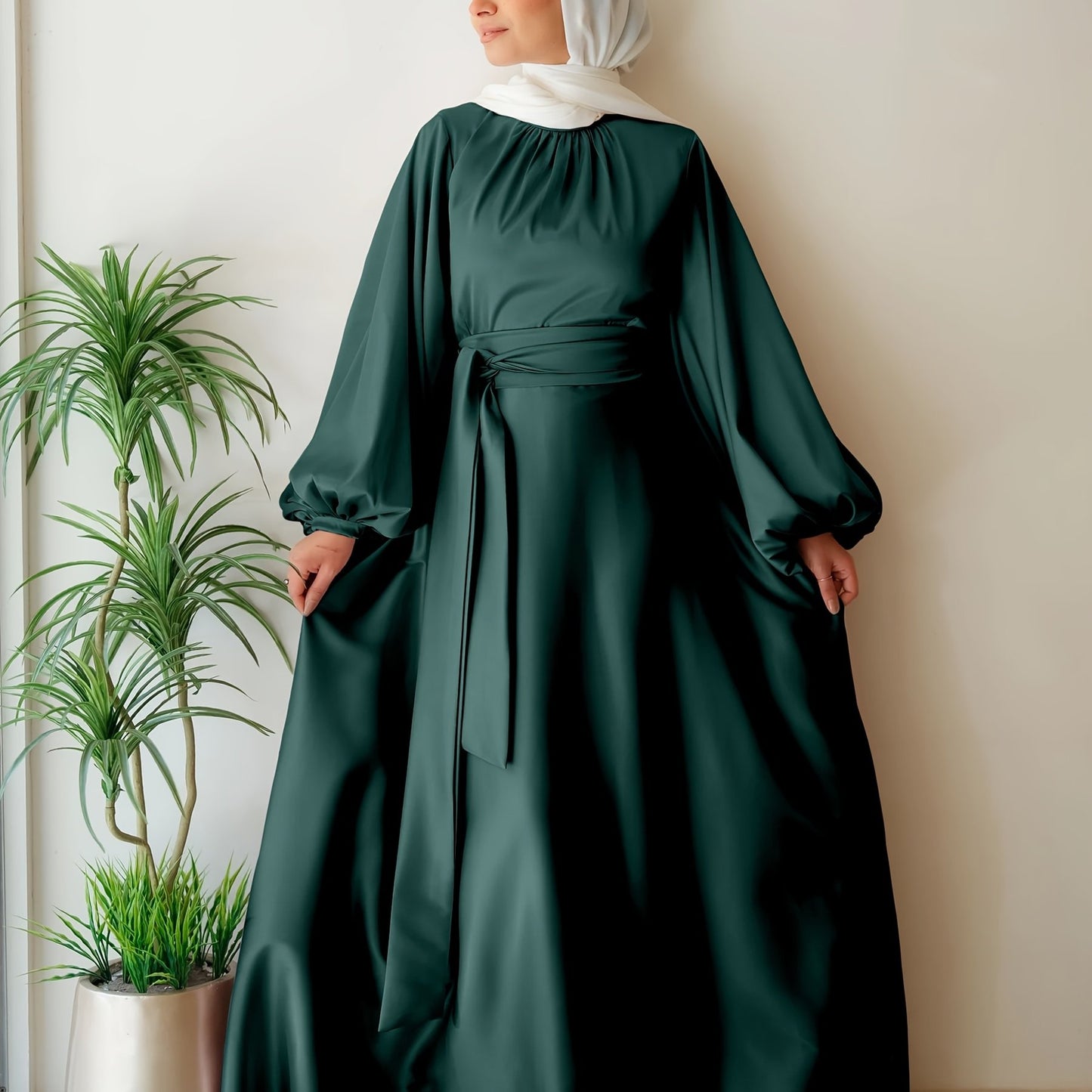 Elegant Satin Abaya with Lantern Sleeves and Belt - Long, Flowing Maxi Dress for Women, Perfect for Festivals and Special Occasions, Festival Attire|Sleek Fitted Design|Polyester Fabric