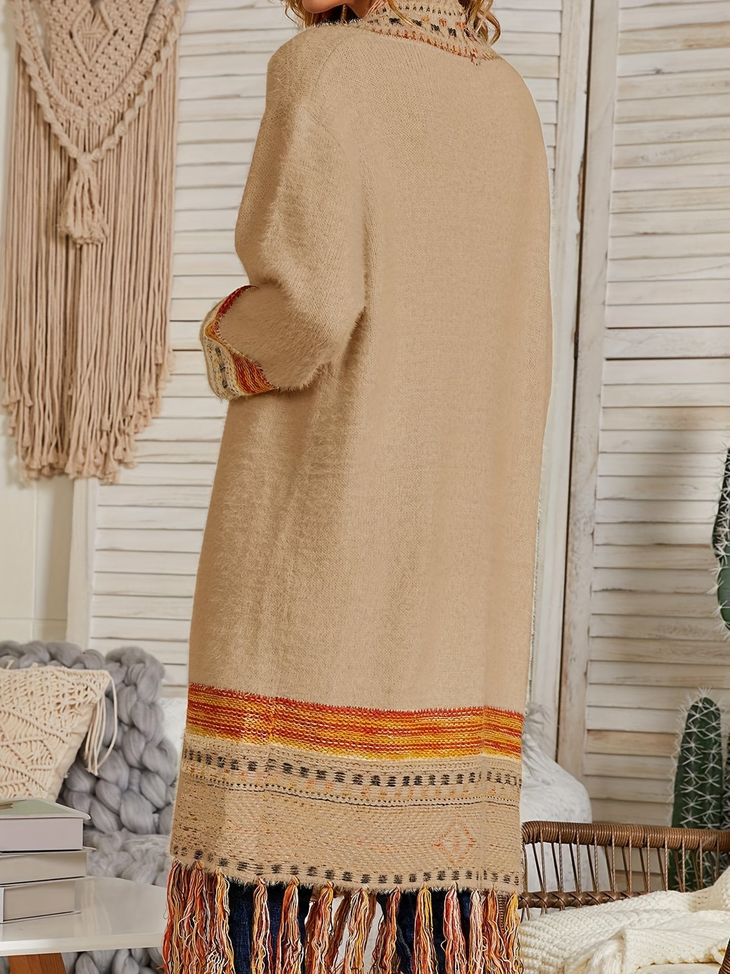 Women Boho Cardigan Sweater Long Open Front Maxi Knit Sweaters Aztec Tribal Tassel Fringe Thin Coat