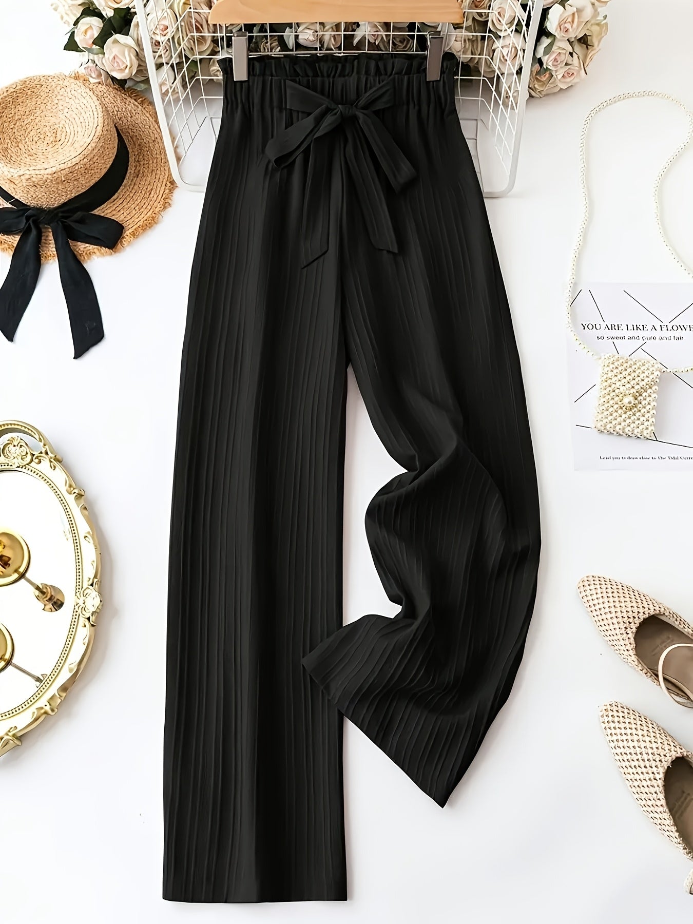 3pcs Women'S Elegant Solid Color Striped Long Pants with Bow Detail - Comfortable Loose Fit, Elastic Waistband, Perfect for Spring & Summer Casual Wear
