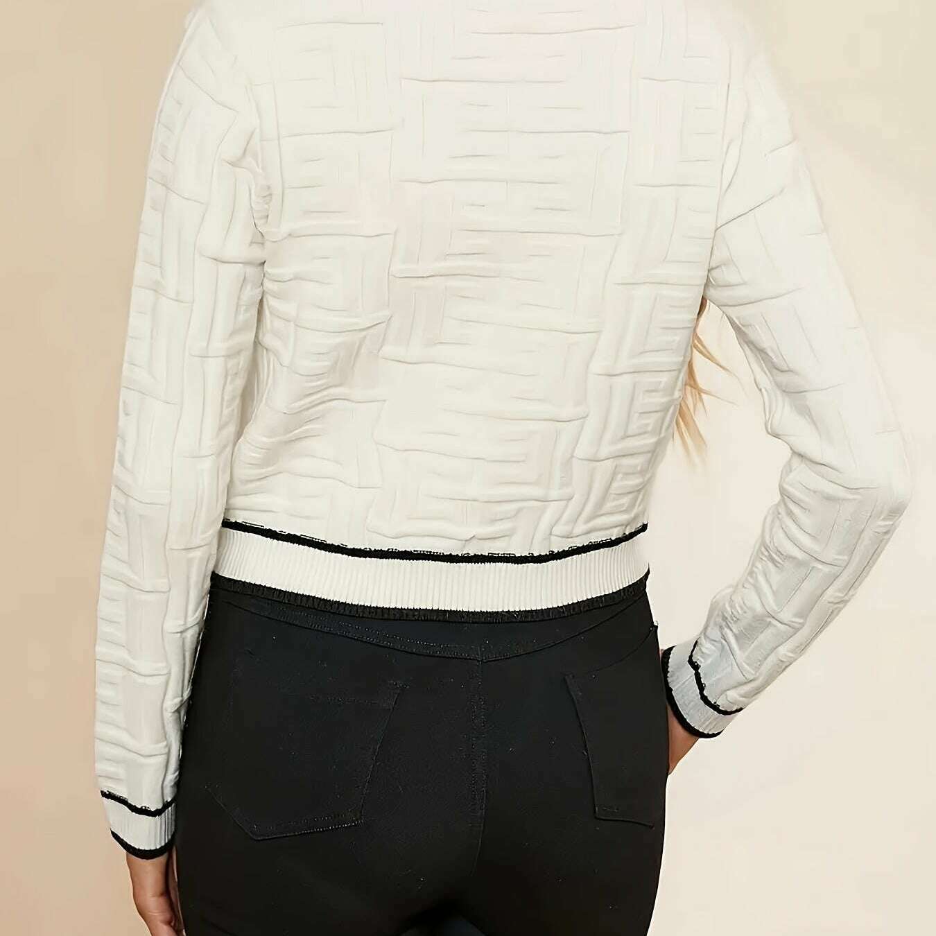 Chic Geometric Print Long Sleeve Cropped Cardigan with Contrast Details