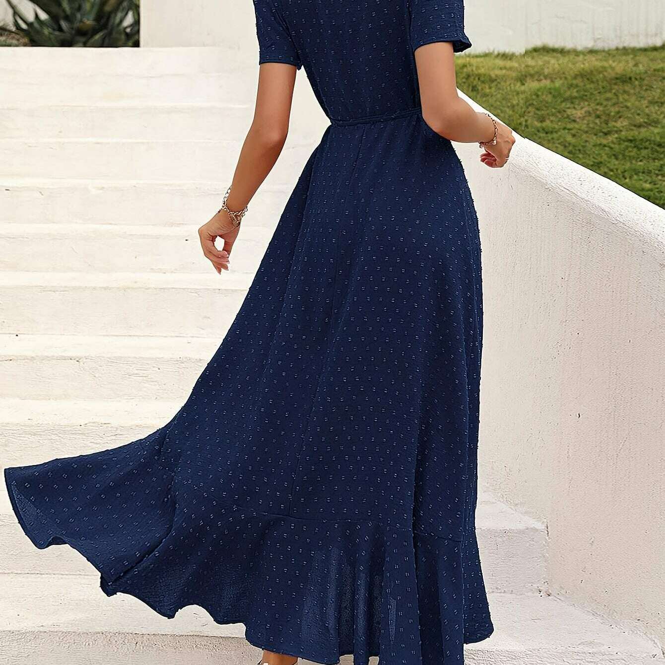 Elegant Women's Swiss Dot Surplice Neck Maxi Dress - D&M Boutique