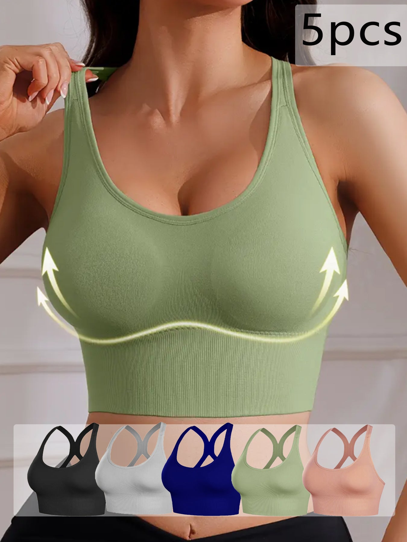 5pcs Women's X-Back Sports Bras with Removable Pads - Wire-Free Breathable High-Impact Workout Tops, Adjustable Straps & Full Coverage Support, 10 Color Options (Green, Black, White, Blue, Navy, Pink, Grey, Beige, Brown, Purp