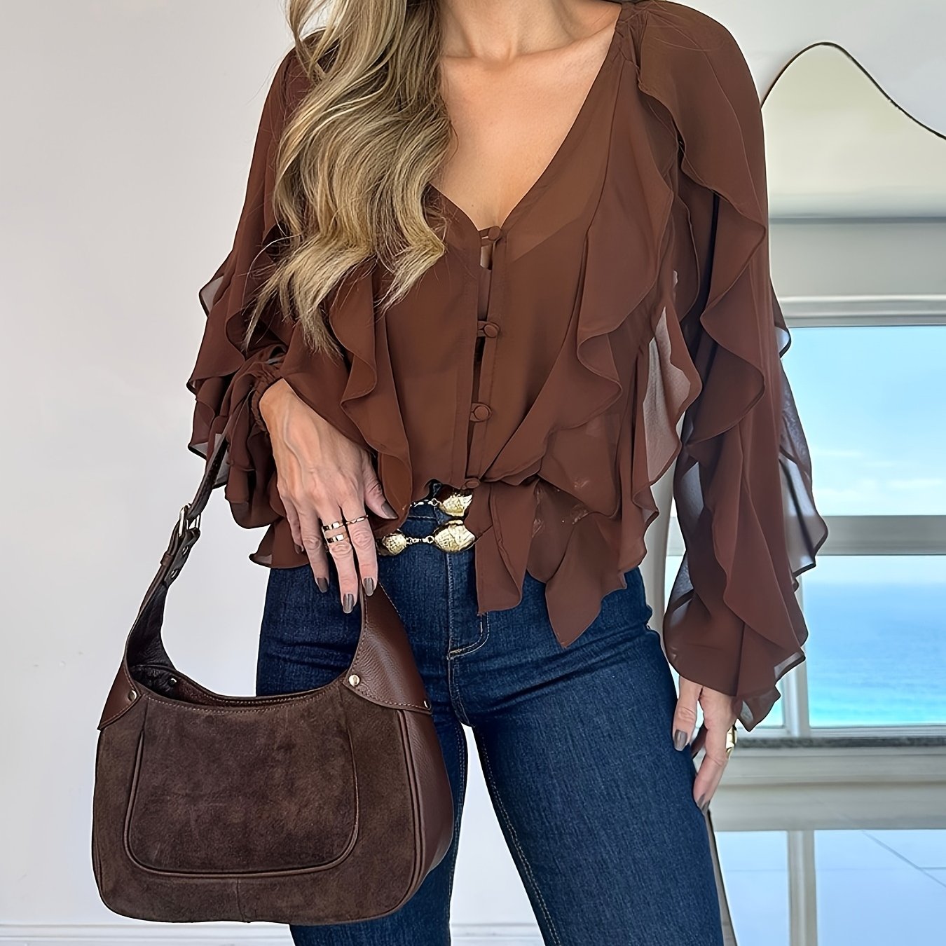 Women's Elegant V-Neck Blouse with Asymmetrical Shoulder Ruffles - Slim Fit Long Sleeve Top, Solid Color Casual Chic Shirt for Spring/Fall, Hand Wash Only, Spring Fall Attire, Ruffle Detail Top, Sophisticated Texture, Fall Wa