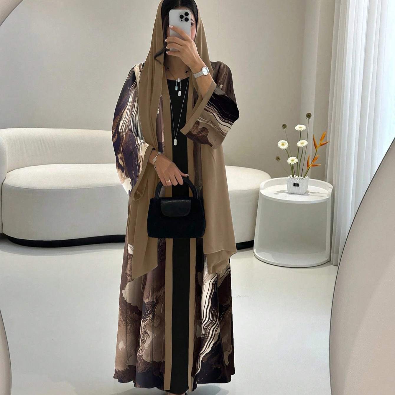 Two-Piece Elegant Brown and Black Abstract Print Robe with Matching Scarf Set, Suitable for Spring/Summer Formal or Semi-Formal Occasions