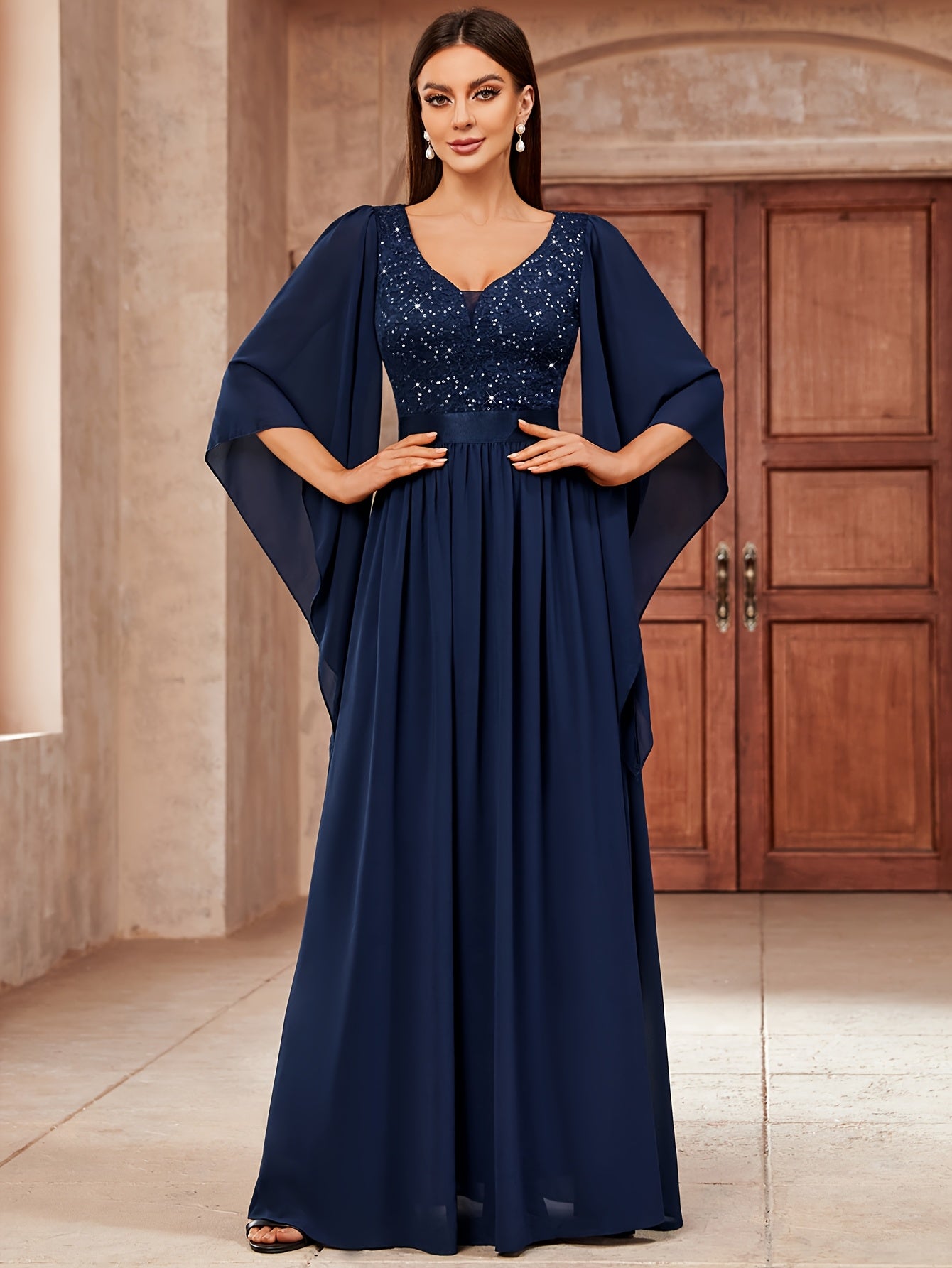 Deep V-Neck Lace Gown – Fit & Flare Sequin Dress