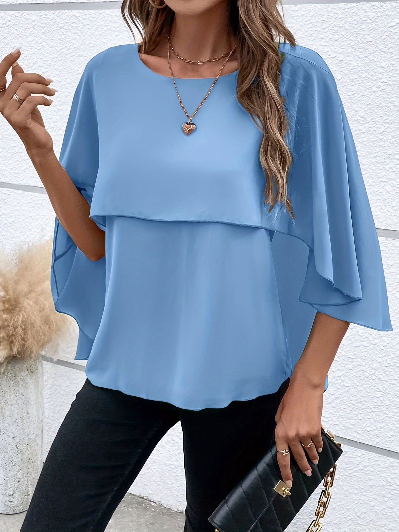 Solid Color Layered Cape Sleeve Shirt, Versatile Round Neck Shirt For Spring And Autumn, Women'S Clothing