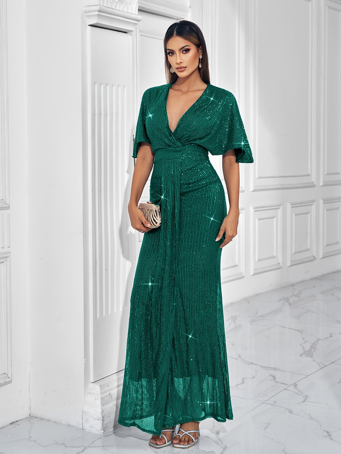 Sparkling V-neck Waist Cinched Dress
