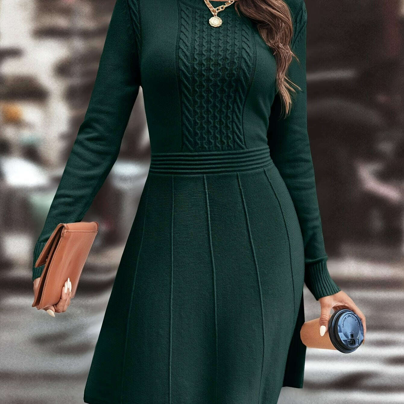 Long Sleeve Solid Crew Neck Knitted A-Line Ruffle Hem Dress - D&M Boutique
