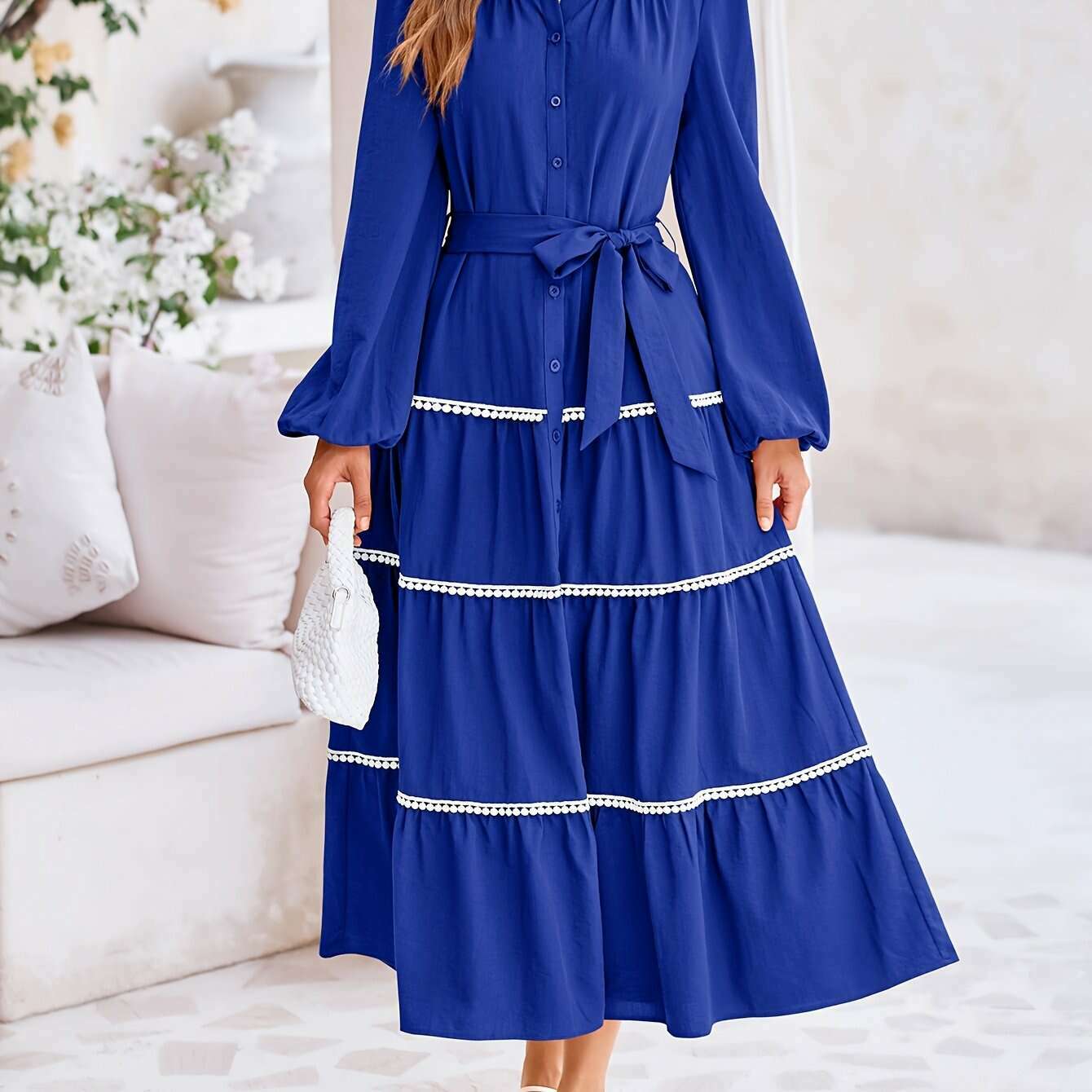 Women'S Spring Casual Dress Loose Drawstring Lantern Sleeve Long Sleeve Tier Dress With Pockets