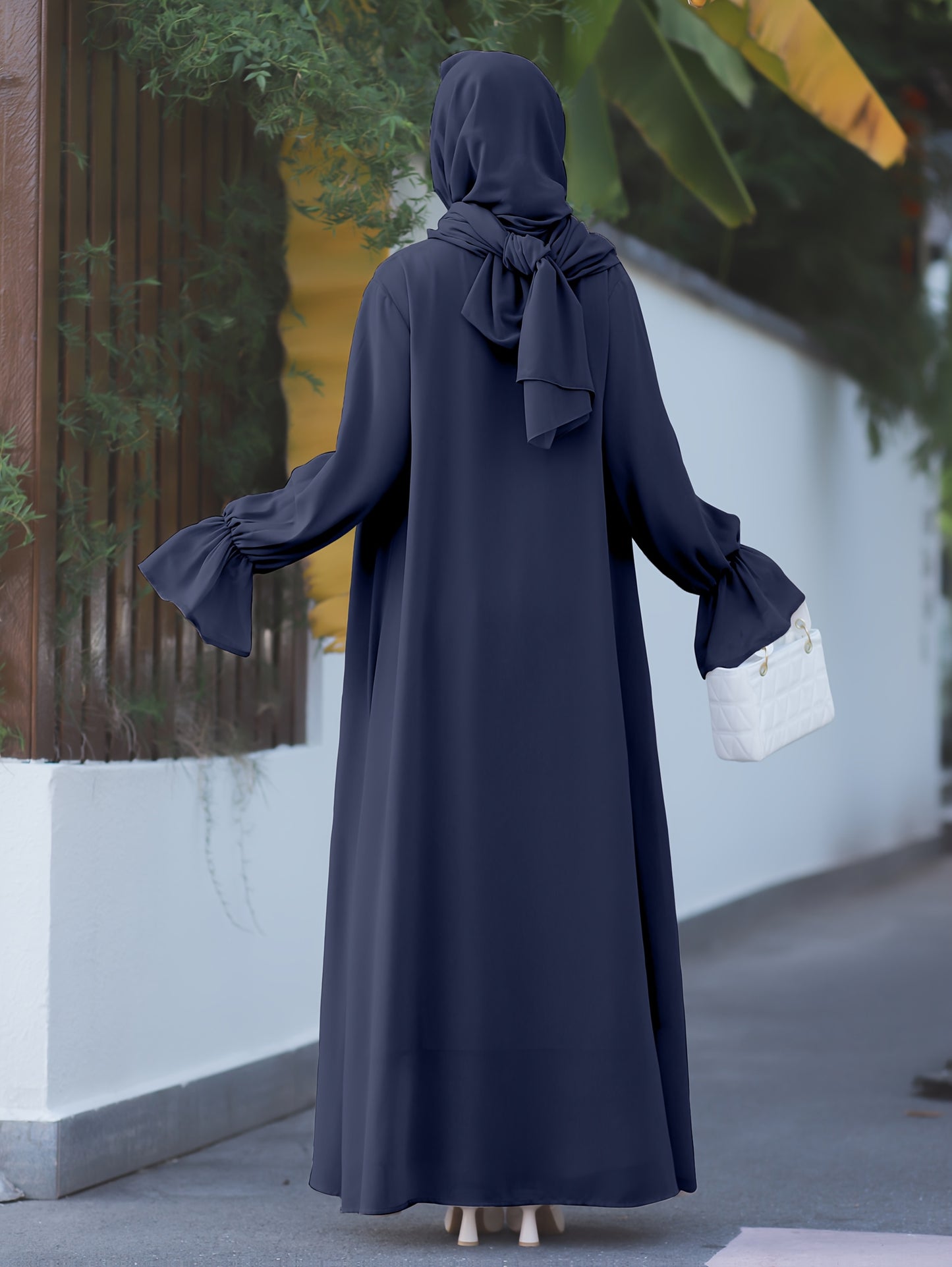 Middle Eastern Muslim Elegant Chiffon Abaya Set with Vest and Belted Outer Wrap