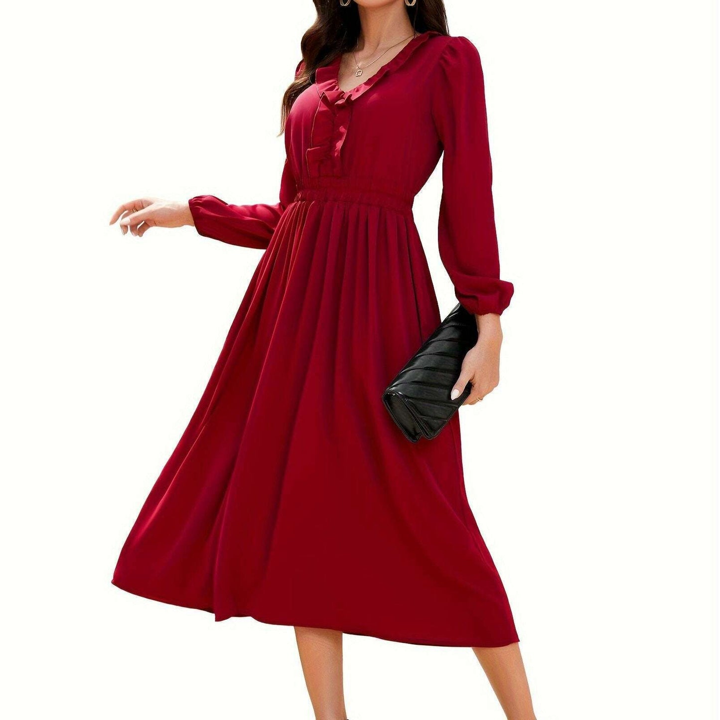 Long Sleeve Elegant Party Dress with Pleats & Ruffles - D&M Boutique