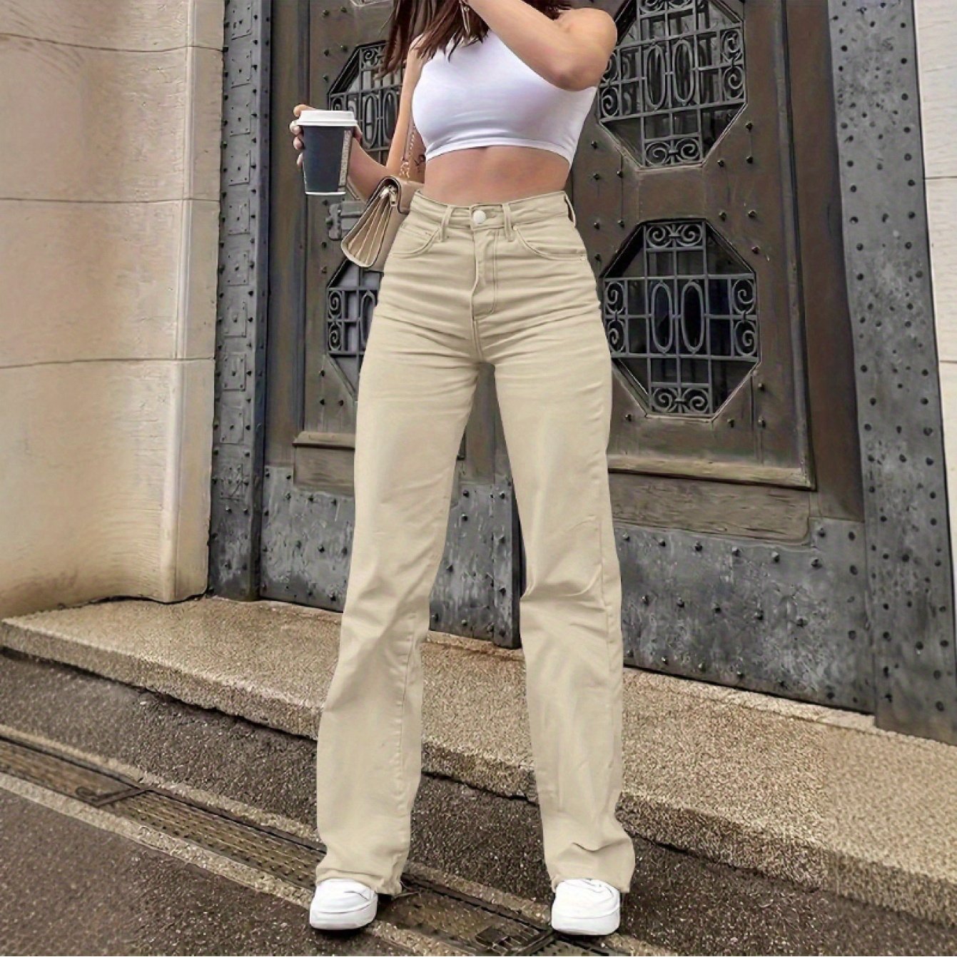 Women'S High-Waisted Straight-Leg Jeans - Stretch Denim with Pockets, Beige, Casual & Workplace Style, Mid-Rise, Flared Design, Perfect for Spring Commuting, High Waisted Jeans