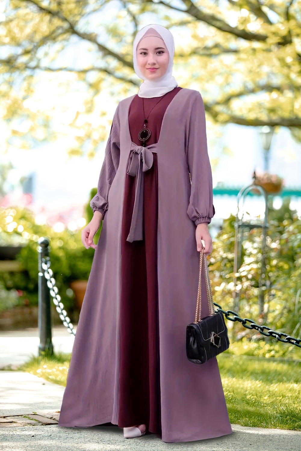 Ramadan Elegant Tie Front Kaftan Dress - Abayas with Long Sleeve, Maxi Length, Color Block Design, Women's Clothing for Special Occasions - Classic, Modest, and Chic Fashion
