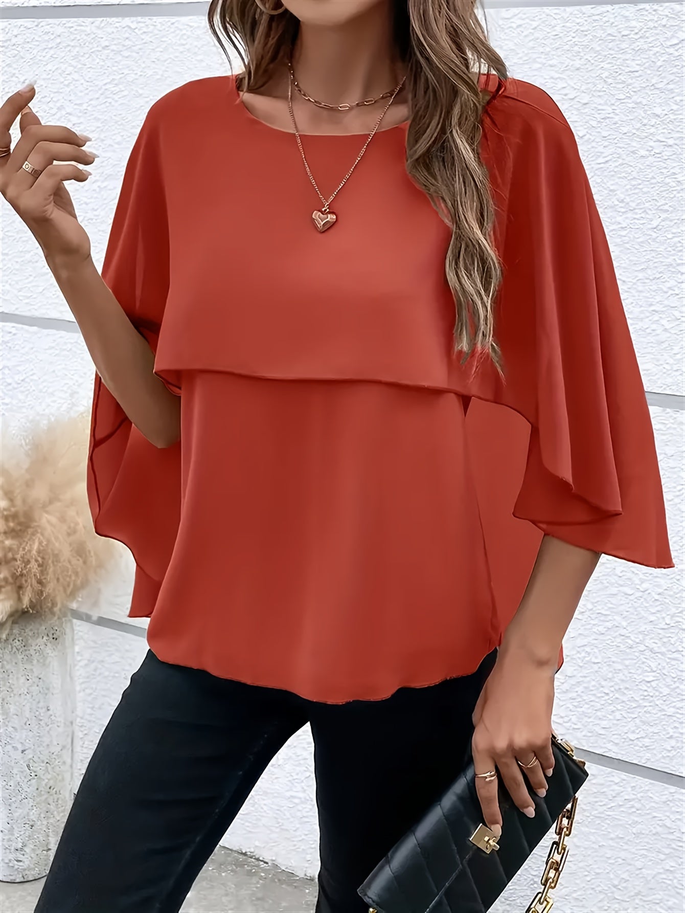 Solid Color Layered Cape Sleeve Shirt, Versatile Round Neck Shirt For Spring And Autumn, Women'S Clothing