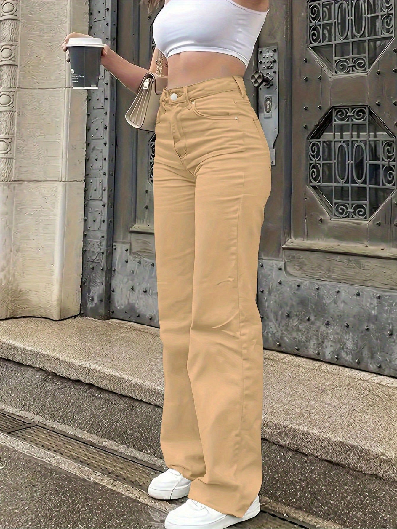 Women'S High-Waisted Straight-Leg Jeans - Stretch Denim with Pockets, Beige, Casual & Workplace Style, Mid-Rise, Flared Design, Perfect for Spring Commuting, High Waisted Jeans