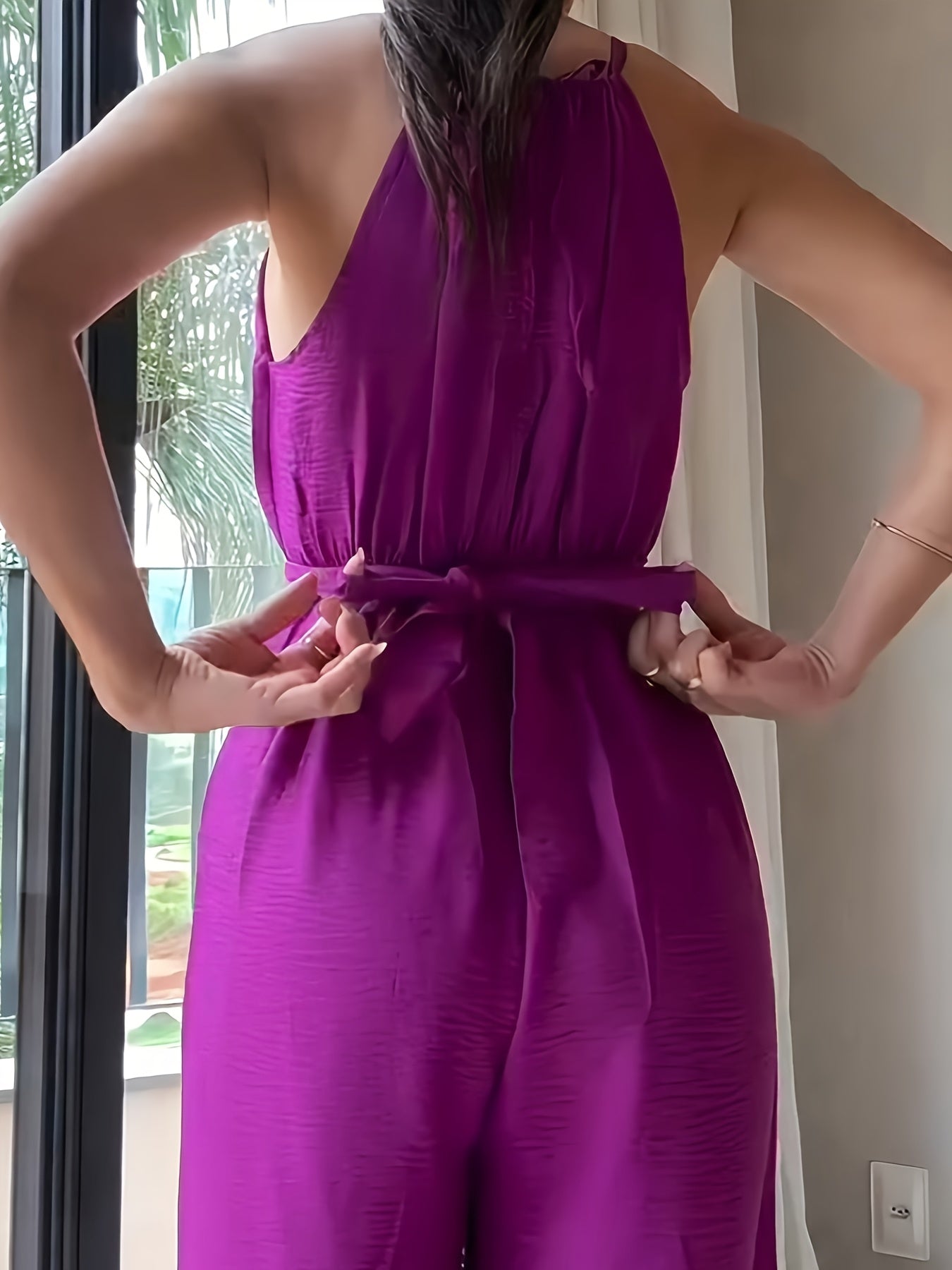 Women'S Halter Sleeveless Lace-up Jumpsuit Casual Waist Ruched Loose Fit Romper