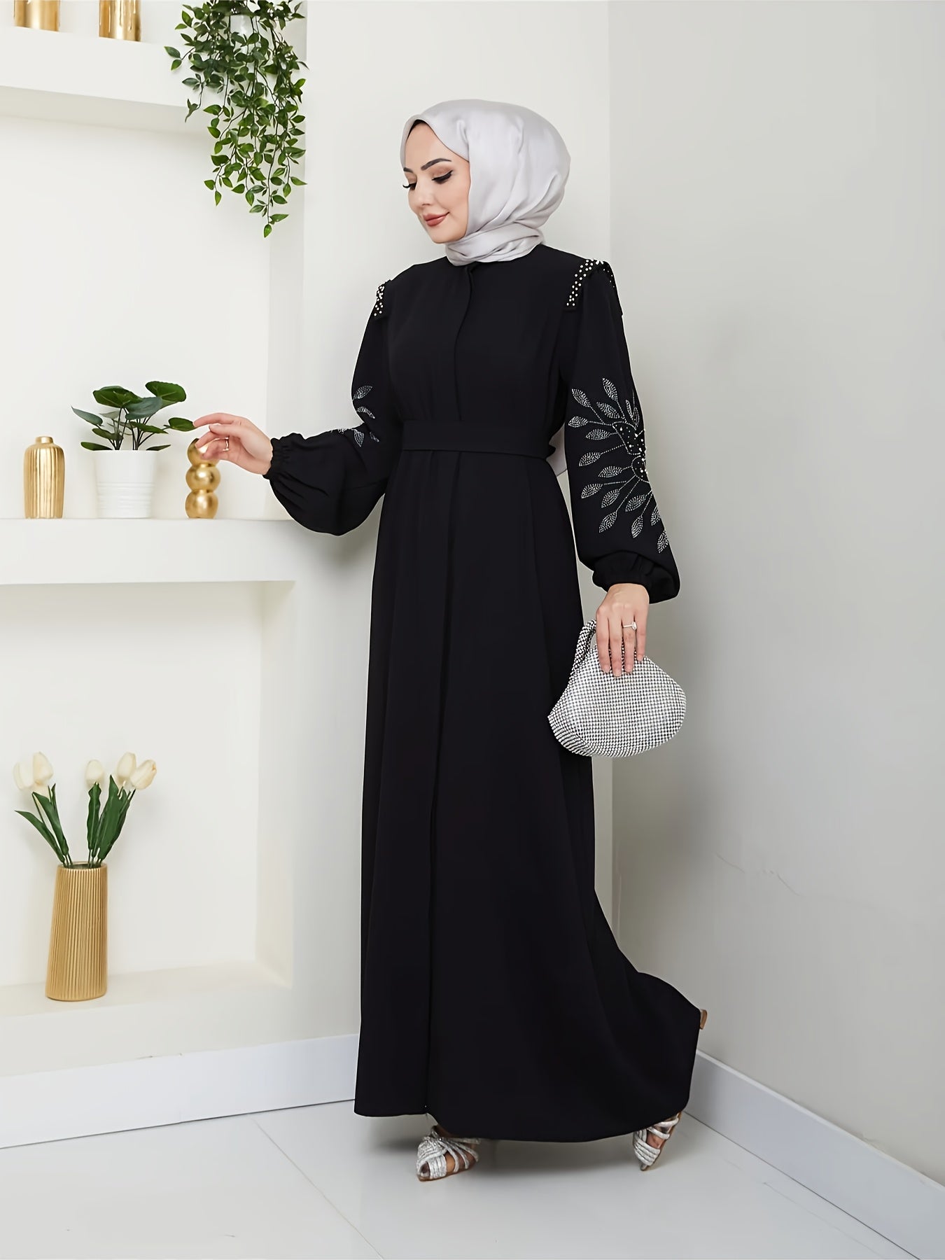 Elegant Black Abaya with Rhinestone Embellishments - Long Sleeve, Belted, All-Season Traditional Muslim Dress for Women, Islamic Fashion, Sophisticated Craftsmanship