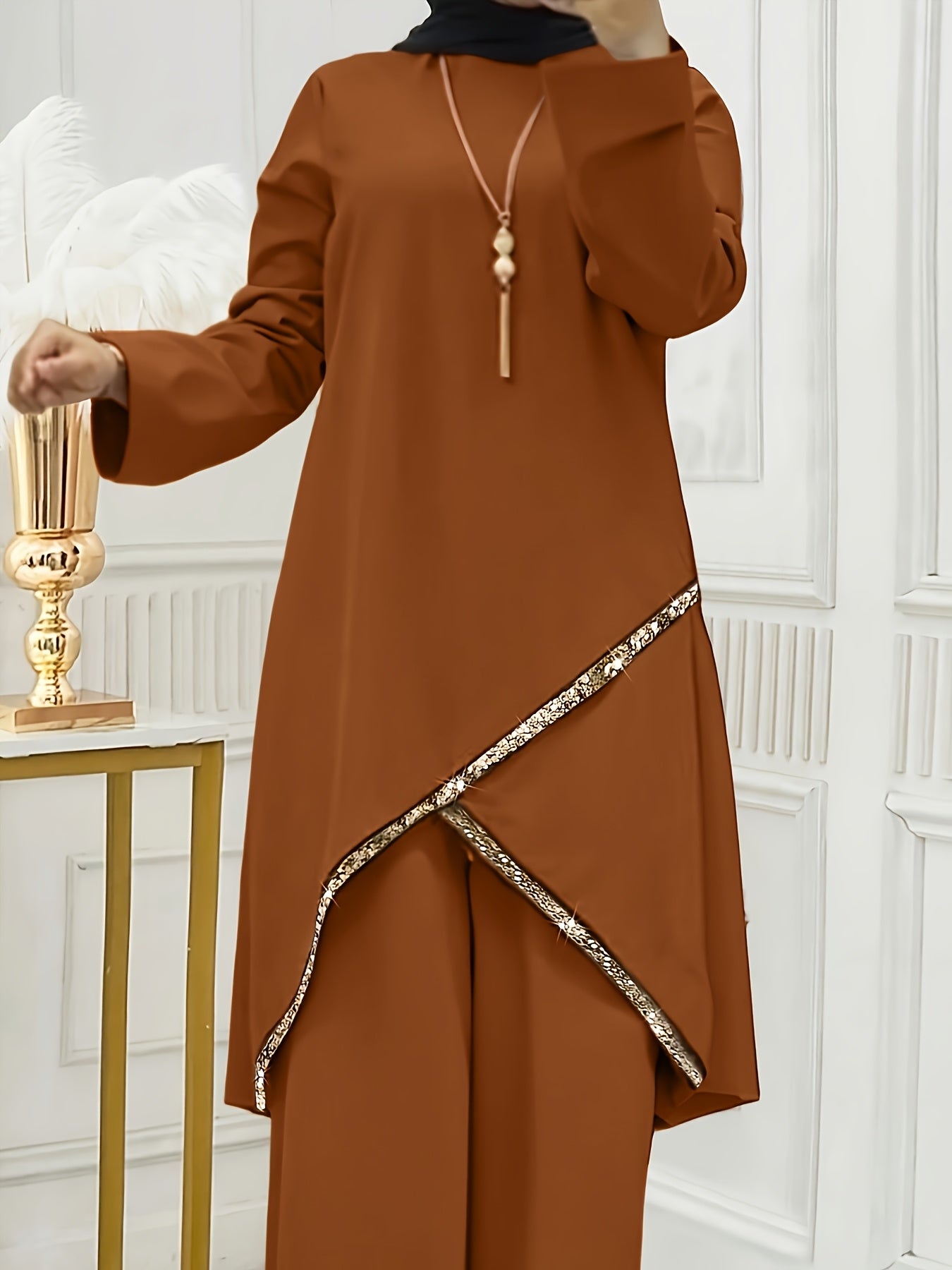 Women'S Traditional Arabian Attire - Elegant Long Sleeve Abaya with Cross-Front Detail & Matching Pants, Solid Color All-Season Polyester Modest Cover-Up, Middle Eastern Cultural Fashion for Casual & Formal Occasions, Muslim