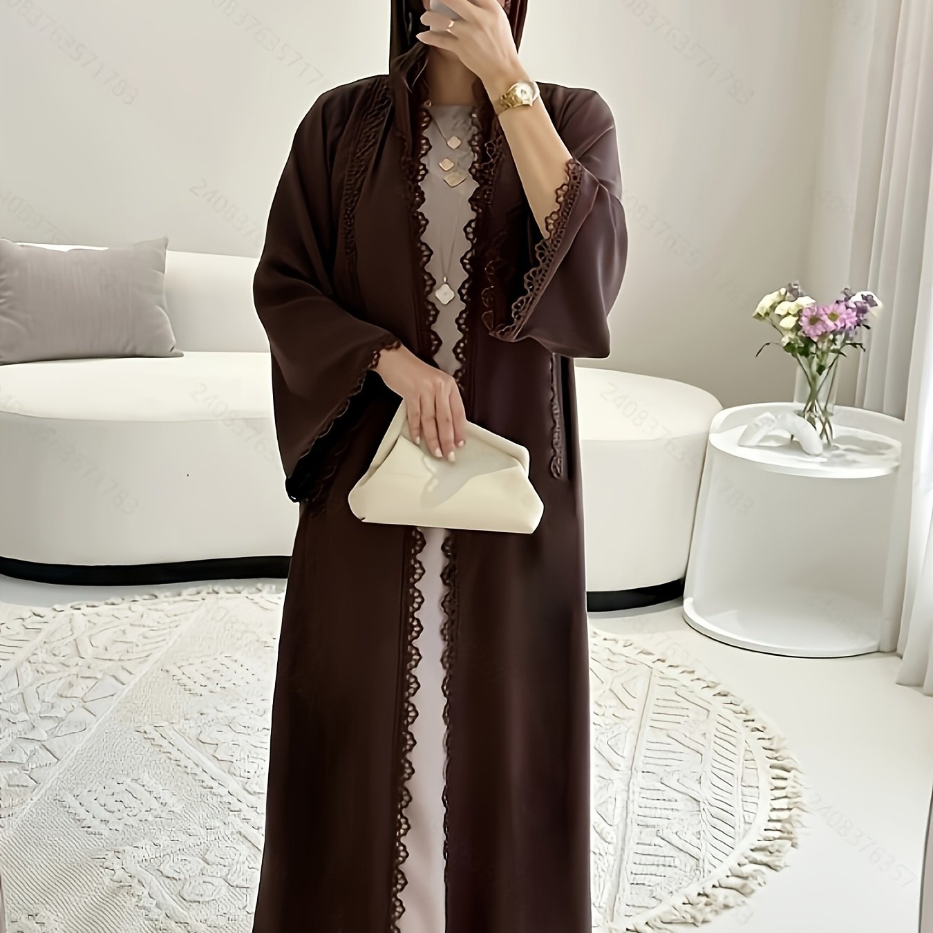 Middle Eastern Muslim Fashion Long Sleeve Embroidered Contrast Lace Abaya Dress with Hijab Three-Piece Set
