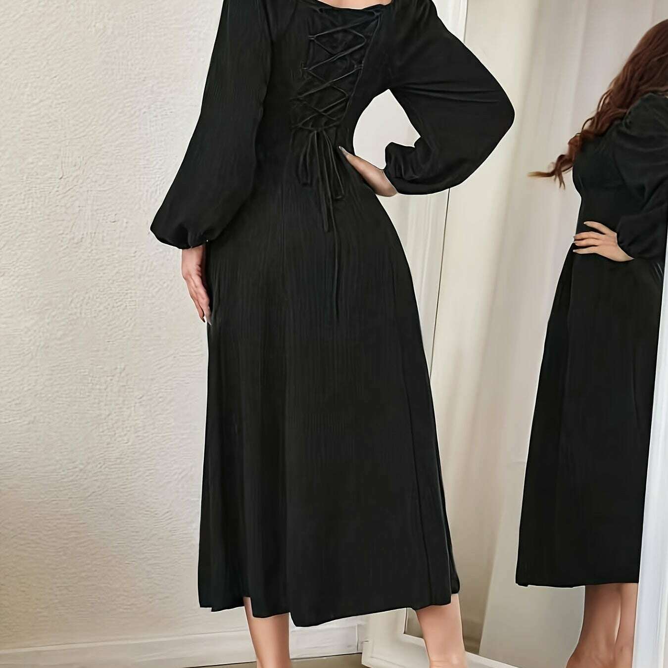 Textured Cross Tie Lantern Sleeve Dress – Elegant & Romantic