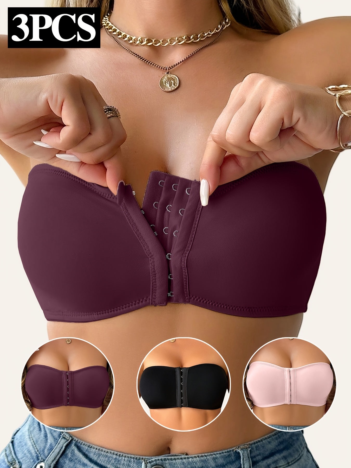 3pcs, Spring and Summer Style, Strapless, No Underwire, Front Closure, Removable Pads, Soft, Breathable, Comfortable, Anti-Displacement