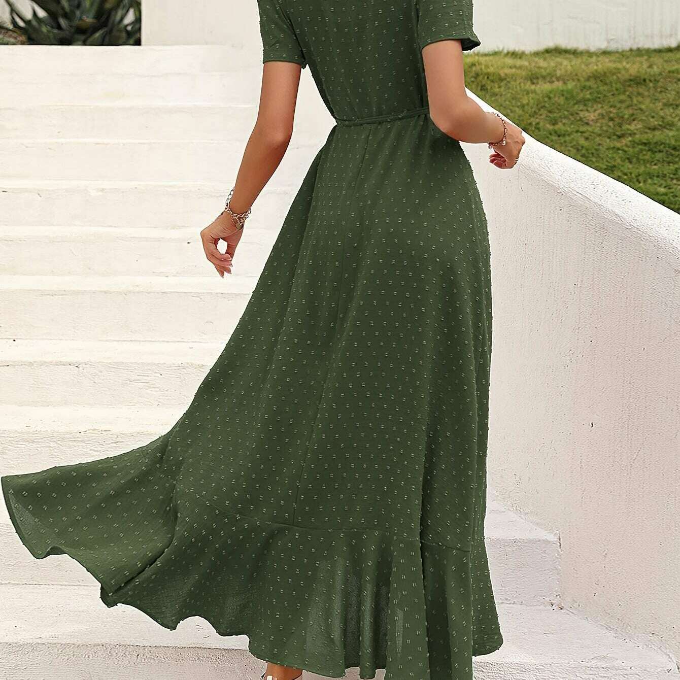 Elegant Women's Swiss Dot Surplice Neck Maxi Dress - D&M Boutique