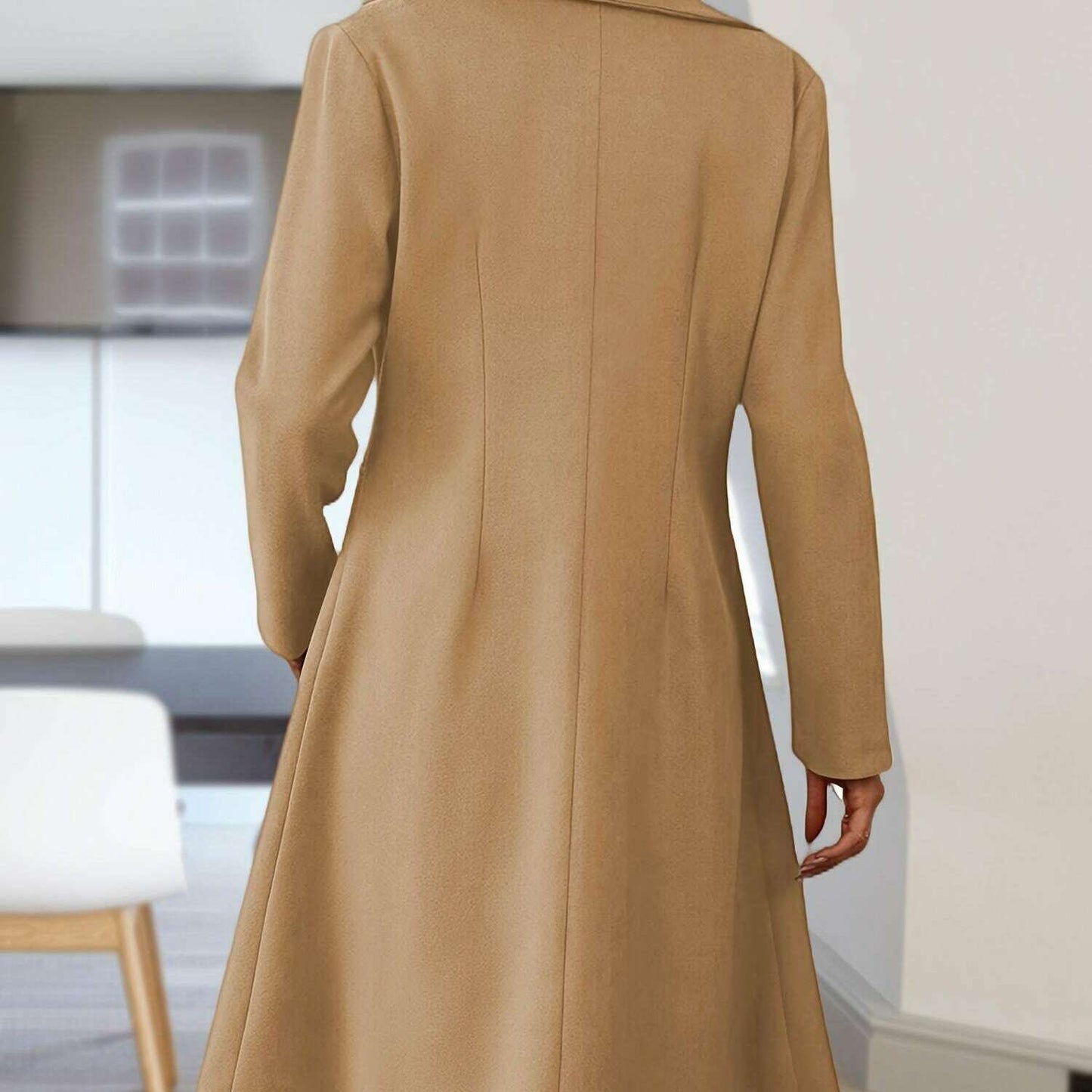 Women's Long Double-Breasted Pea Coat with Lapel Collar
