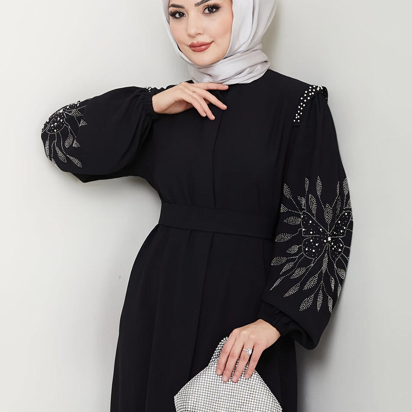 Elegant Black Abaya with Rhinestone Embellishments - Long Sleeve, Belted, All-Season Traditional Muslim Dress for Women, Islamic Fashion, Sophisticated Craftsmanship