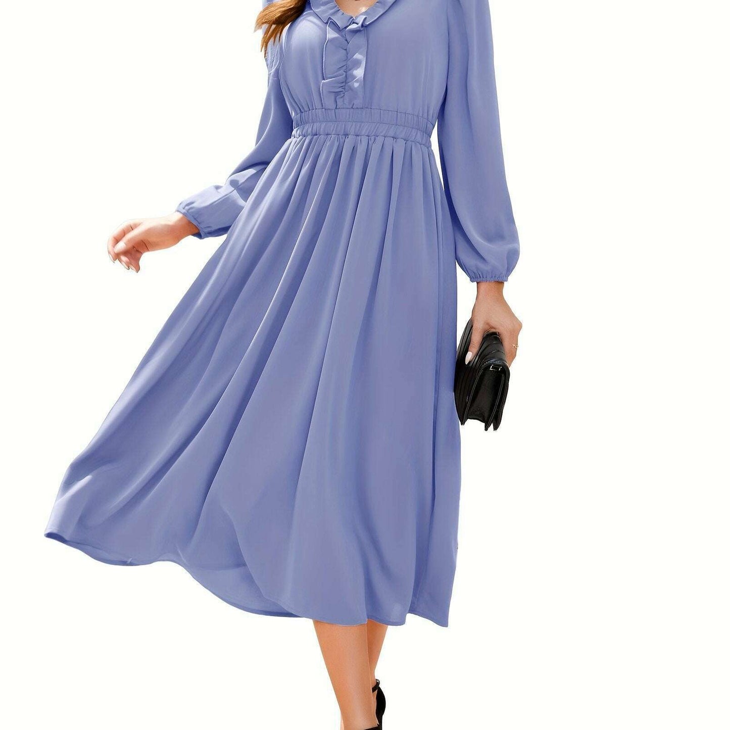 Long Sleeve Elegant Party Dress with Pleats & Ruffles - D&M Boutique