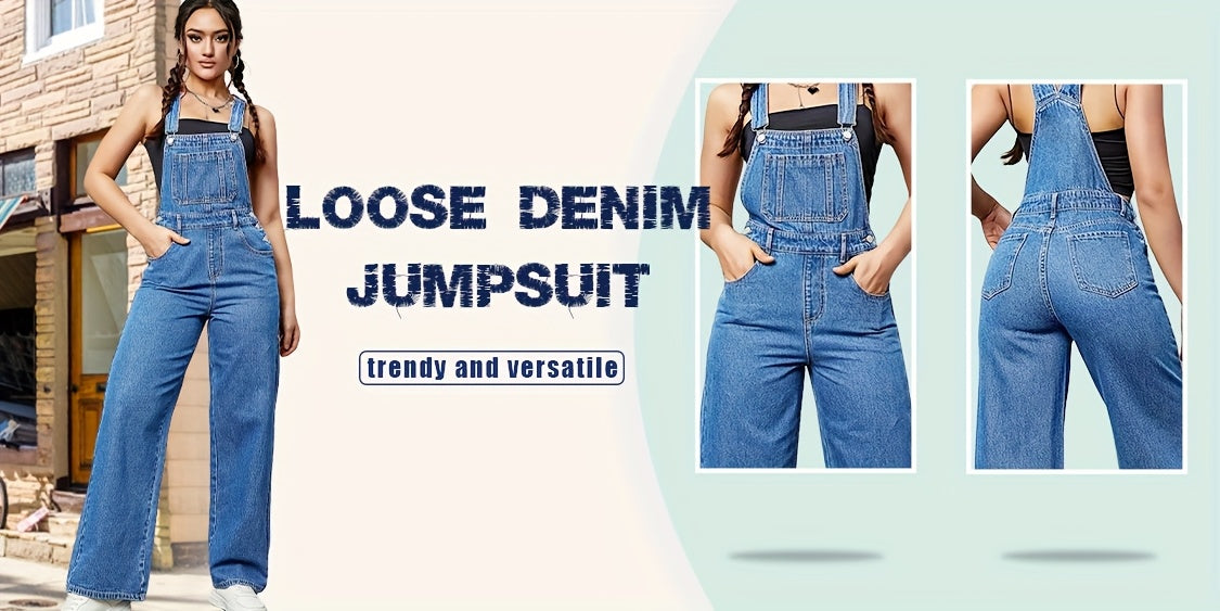 Women's Denim Overalls Jumpsuit - Loose Fit Long Romper with Pocket & Side Pockets, Adjustable Shoulder Straps & Belt Loop Waist, Sleeveless Solid Color Casual Chic Outfit for All Seasons, Versatile Clothing, Secure Button Cl