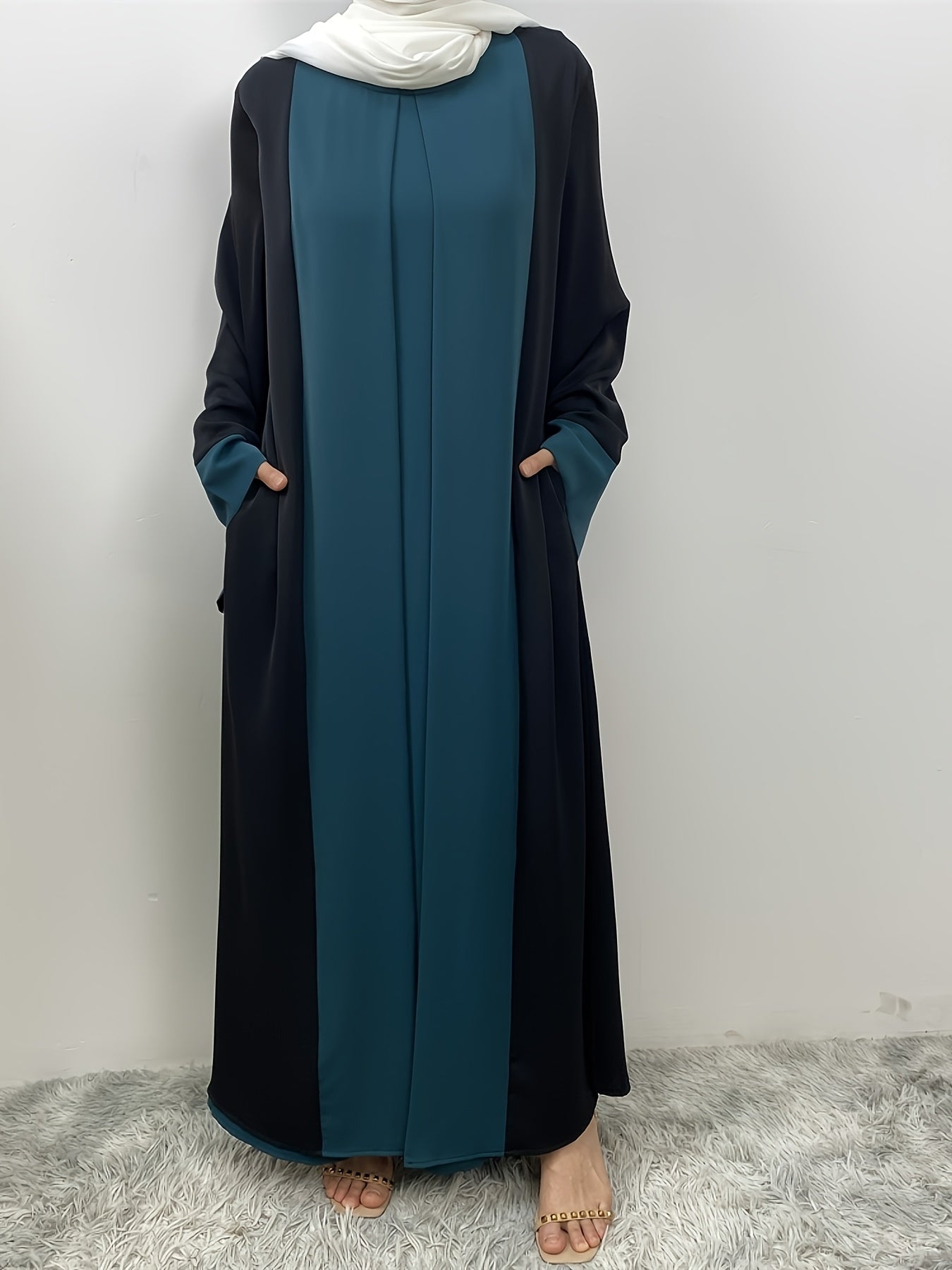 Elegant Abaya Faux Two Pieces Design, Solid Color, Long Sleeve, Kimono, Polyester, Woven, 160G/M², with Pocket, for Muslim, Spring/Fall