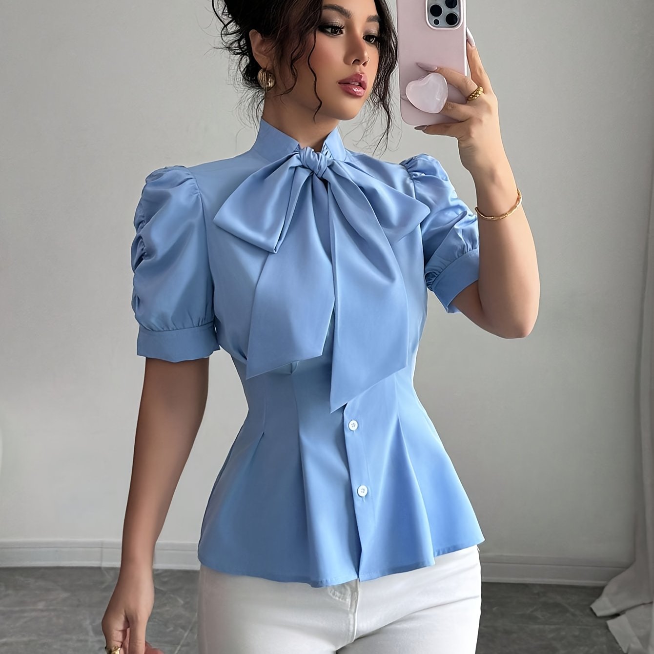 Women's Elegant Bowknot Waist Fold Blouse - Light Blue A-Line Smock Shirt with Puffed Sleeves, Structured Collar & Ruffled Trim, Machine Washable Solid Color Top for Spring Summer Fall Casual & Formal Outfits, Non-Stretch Fab