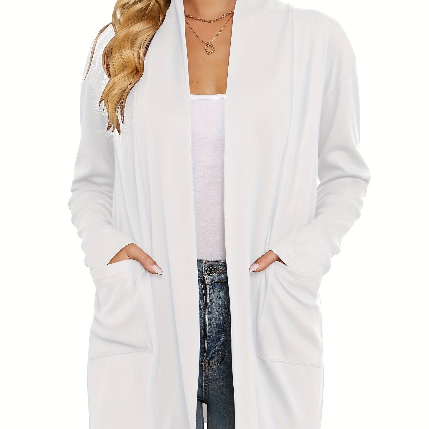 Spring & Autumn Women's Casual Solid Color Cardigan – Open Placket with Double Pocket Design