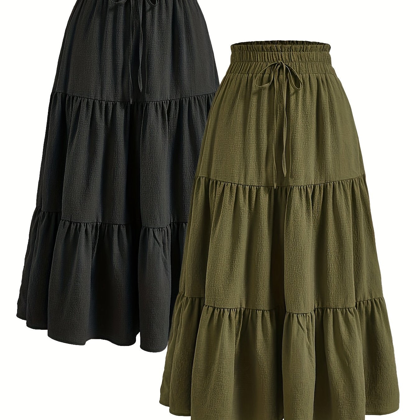 Women'S Two-Piece Solid Color Skirt Set - Black and Olive Green, Casual Style with Drawstring Waist, Elastic Ruffle Hem, Pleated Long Length, All-Season Wear, Casual Attire|Ruffle Hem Skirt|Drawstring Waist Skirt