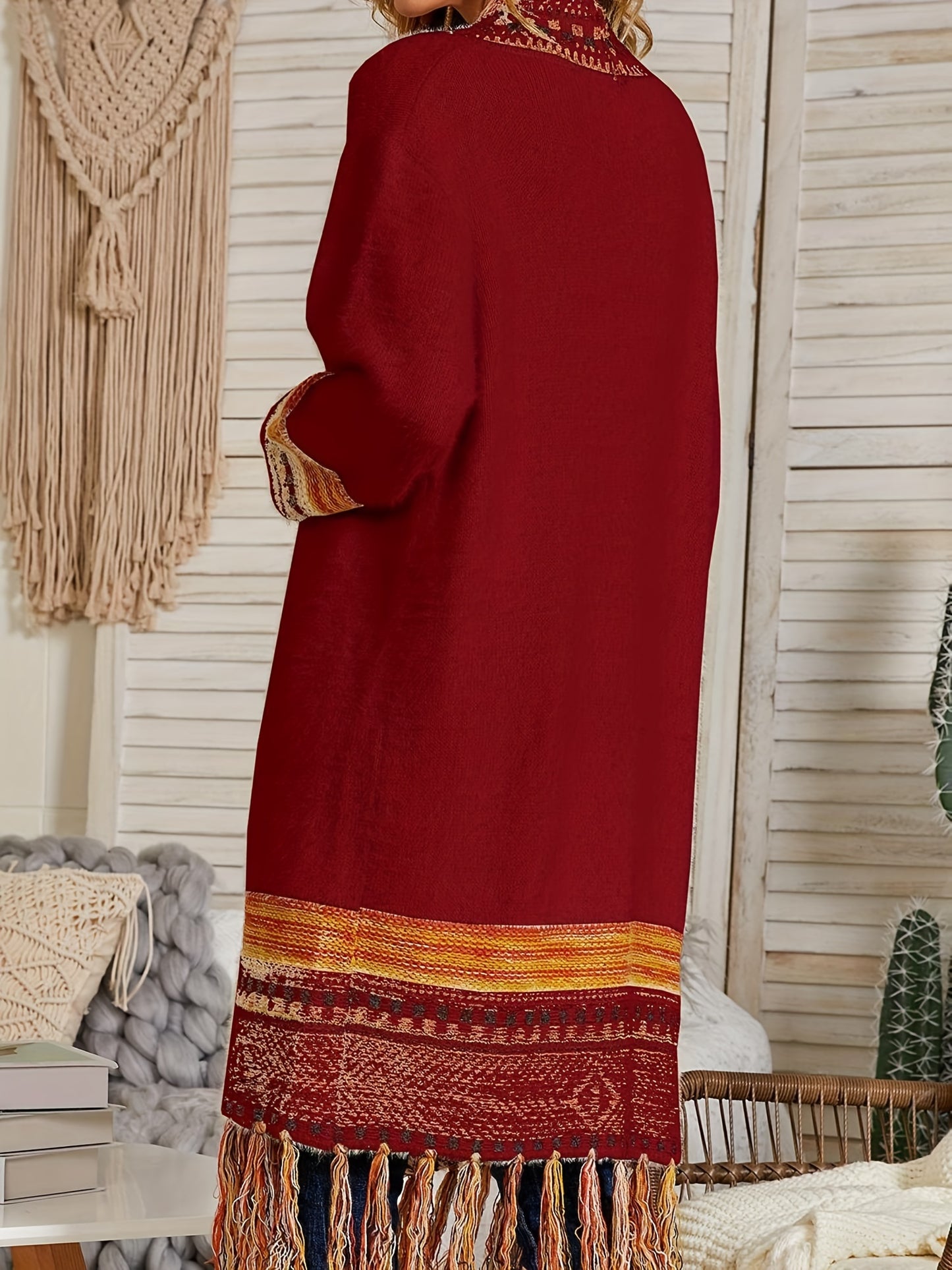 Women Boho Cardigan Sweater Long Open Front Maxi Knit Sweaters Aztec Tribal Tassel Fringe Thin Coat