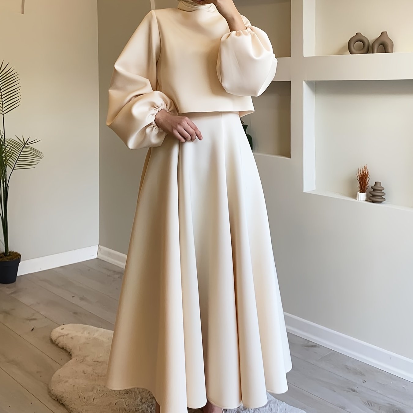Chic Solid Color Skirt Set - Elegant Crew Neck Lantern Sleeve Top, Flowy Pleated Draped Midi Skirt, Comfortable Women's Clothing for Everyday Wear