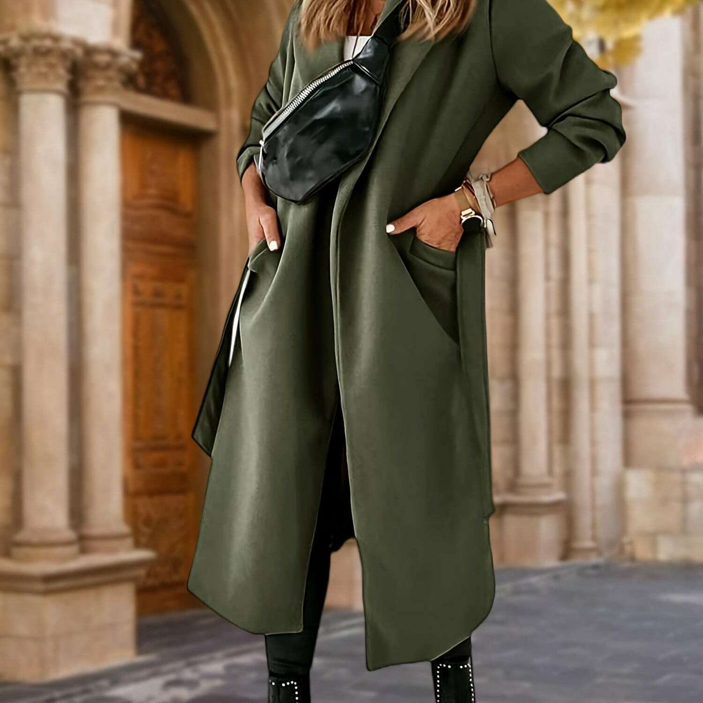 Women's Classic Long Jacket with Lapel Collar and Belt