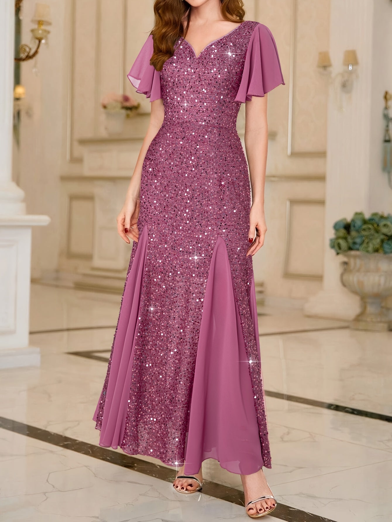 Purple Lotus Sequin Evening Gown – Timeless & Graceful