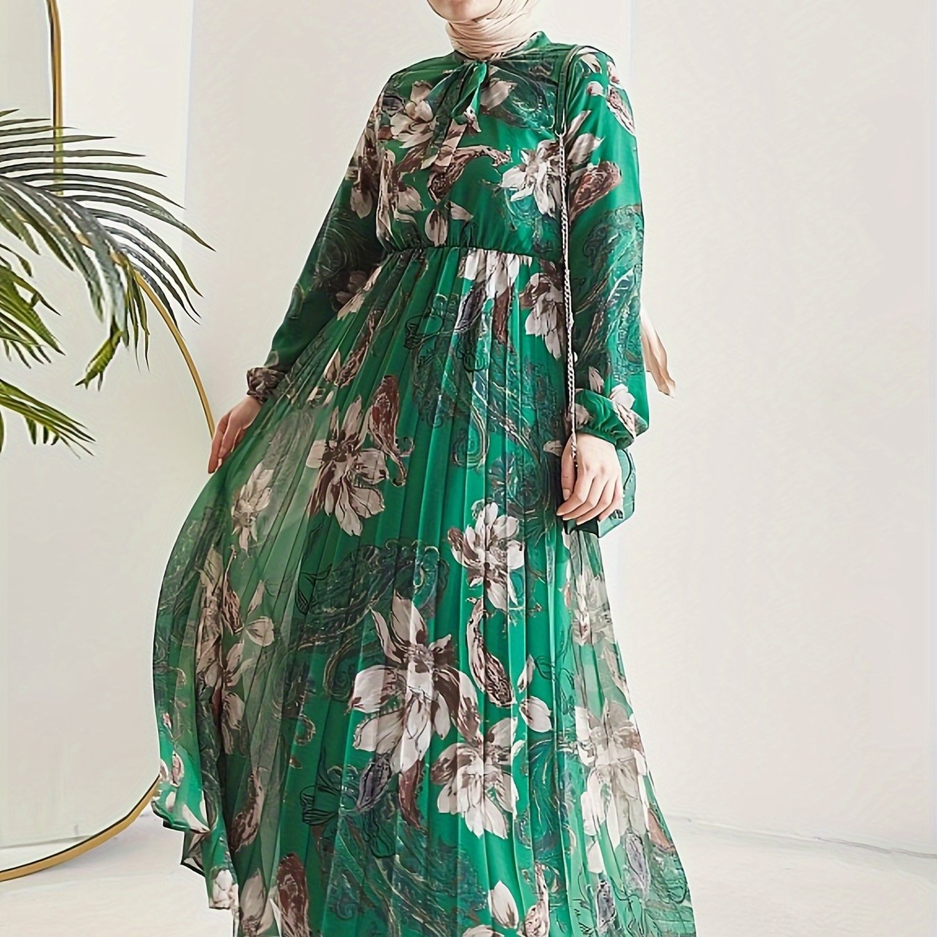 Stunning Floral Print Maxi Kaftan Dress - Modest Long Sleeve, Pleated, Flowy, Polyester, Machine Washable, Random Printing, Middle Eastern Style - Perfect for All Seasons