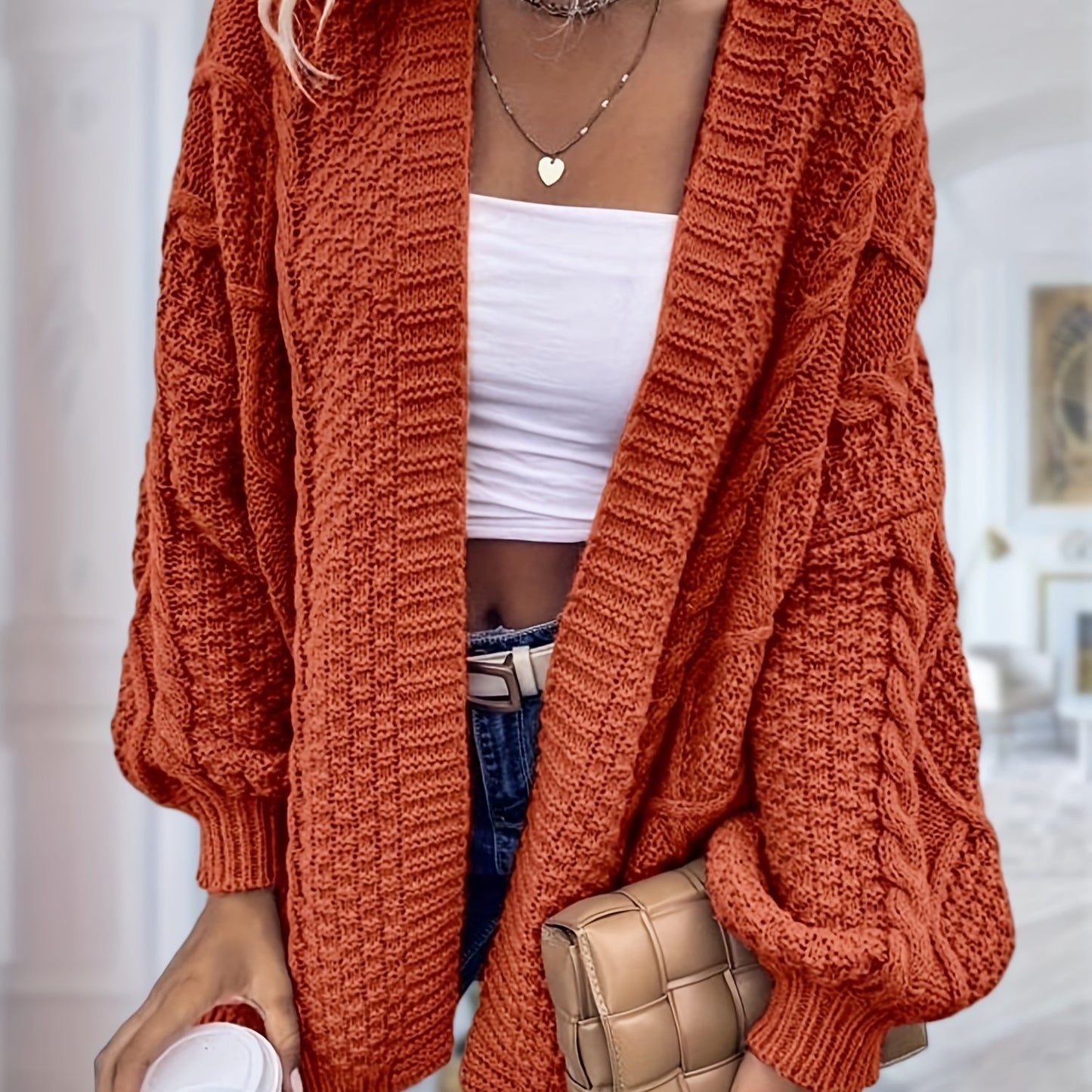 Women's Oversized Chunky Cable Cardigan Sweater Coat - Soft Pink Open Front Long Sleeve Winter Coat with Button-Free Closure, Cozy Fall & Winter Sweater for Casual Semi-Formal Outfits
