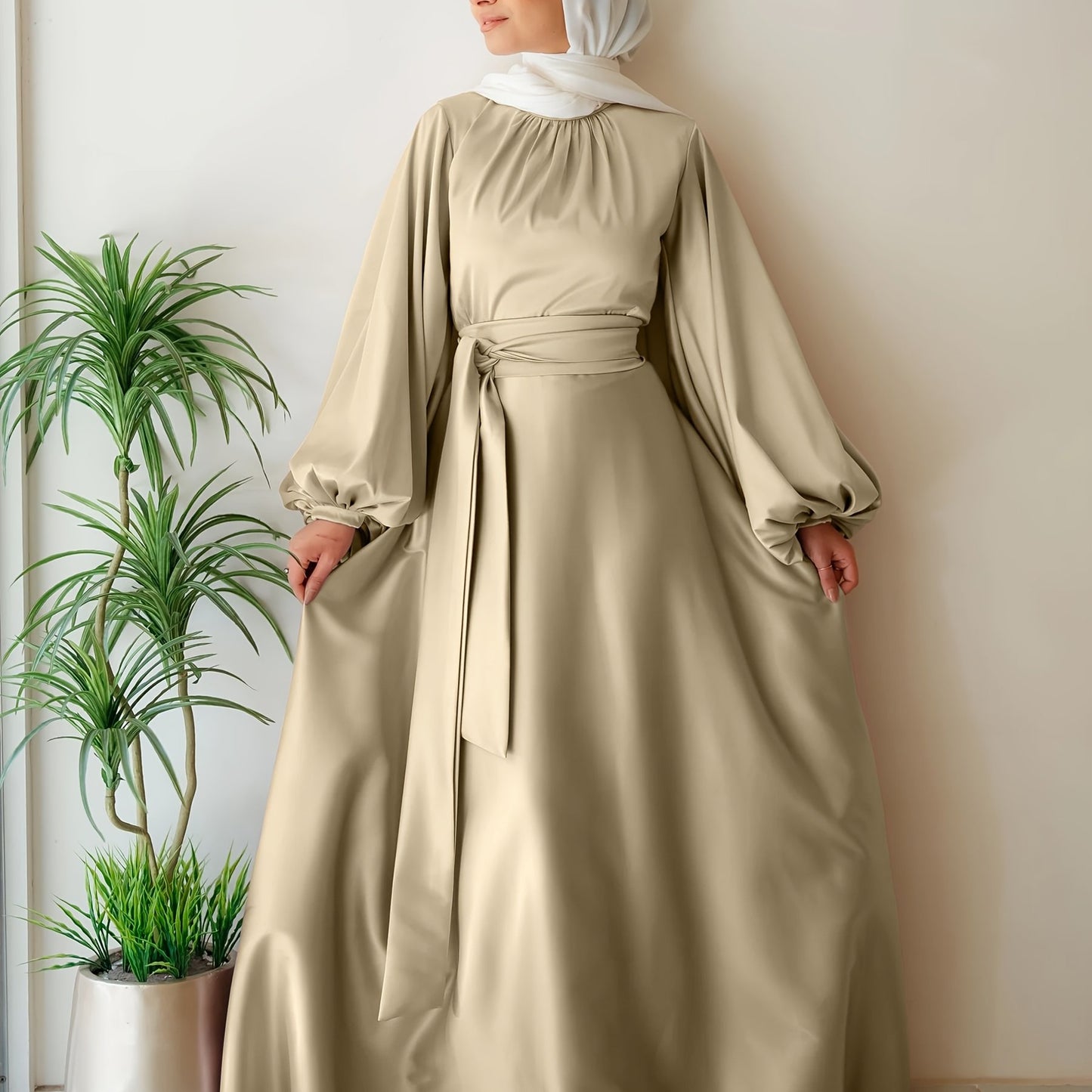 Elegant Satin Abaya with Lantern Sleeves and Belt - Long, Flowing Maxi Dress for Women, Perfect for Festivals and Special Occasions, Festival Attire|Sleek Fitted Design|Polyester Fabric