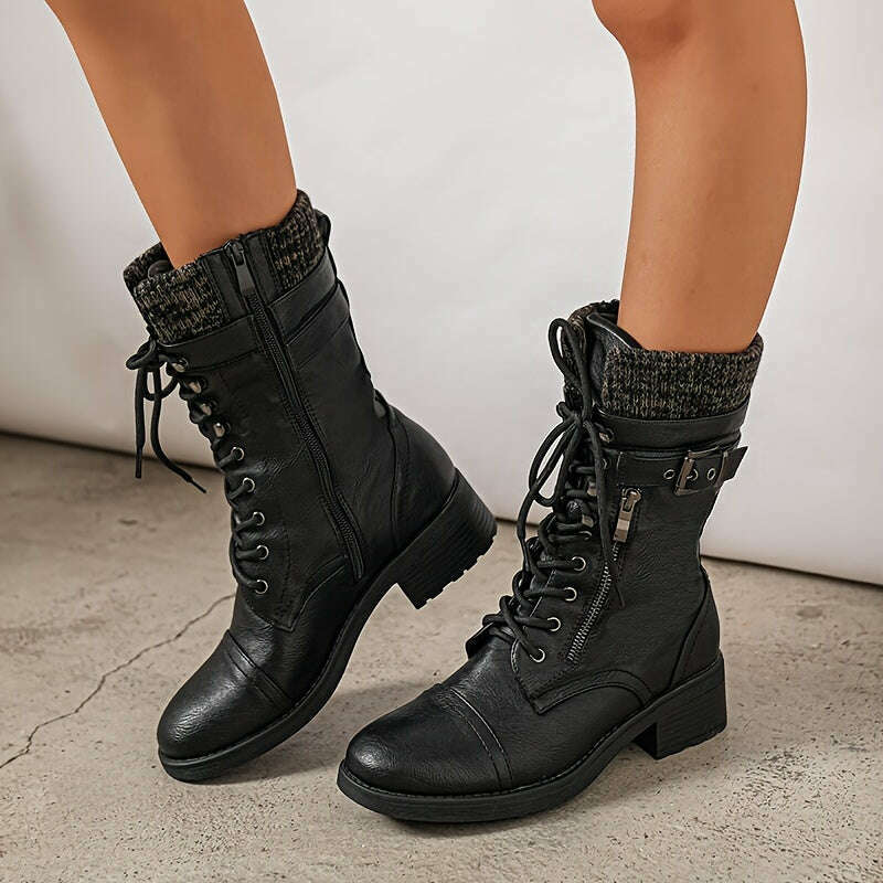 Women's Winter Lace Up Mid Calf Combat Riding Boots